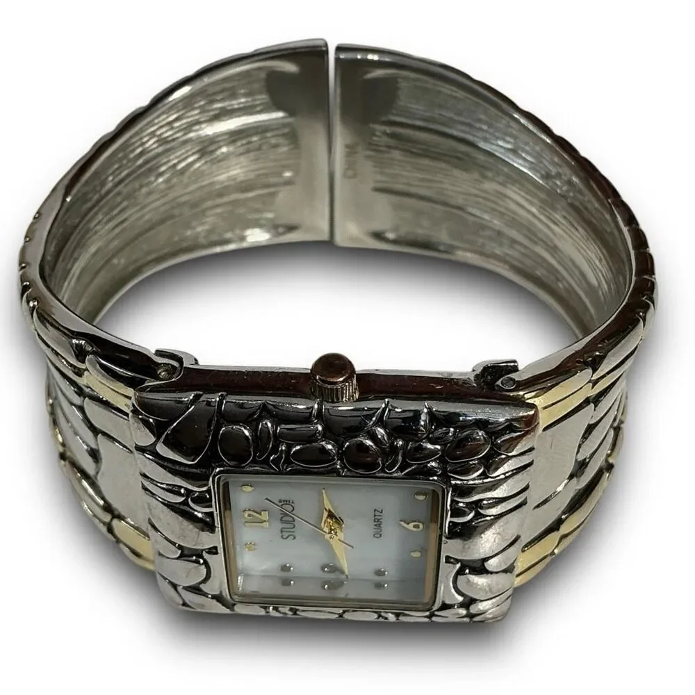 Y2K Vintage Quartz Two Tone Bezel Square Face Bangle Cuff Watch